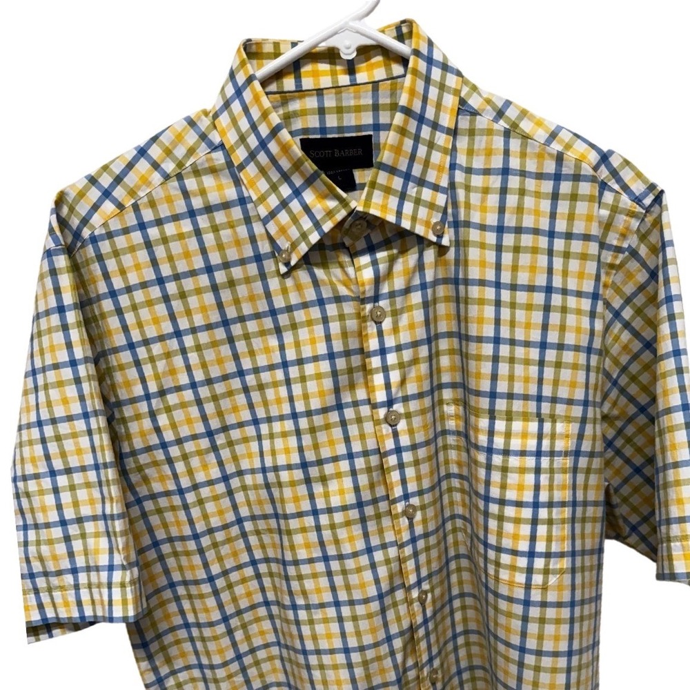 Scott Barber Mens Yellow Blue Plaid Short Sleeve Button Down Cotton Shirt L